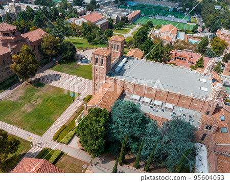 Aerial view of the campus at the University of California, Los Angeles, UCLA. Royce Hall is one of four original buildings of the UCLA campus. Aerial view of the campus at the University of California, Los Angeles, UCLA. Royce Hall is one of four original buildings of the UCLA campus. 95604053