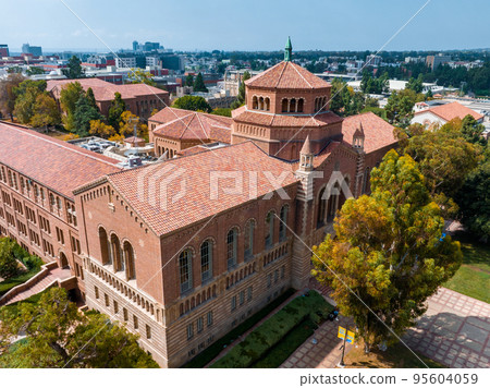 Aerial view of the Royce Hall at the University of California, Los Angeles, UCLA. Royce Hall is one of four original buildings of the UCLA campus. Aerial view of the Royce Hall at the University of California, Los Angeles, UCLA. Royce Hall is one of four original buildings of the UCLA campus. 95604059