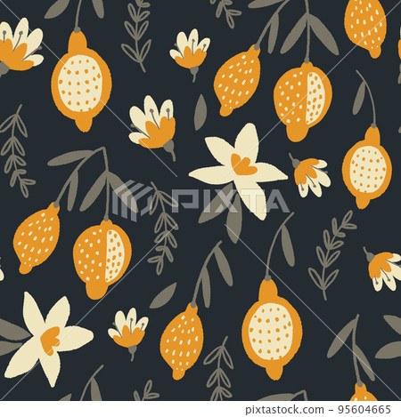 seamless pattern with lemons, plants and flowers, in doodle style on a dark background. 95604665