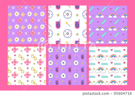 2000s groovy pattern set. Old mobile phone, rainbow, daisy, lollipop, butterfly, compact disc, star on white or colorful background. 2000 retro seamless pattern. Y2k vector illustration in flat style. 2000s groovy pattern set. Old mobile phone, rainbow, daisy, lollipop, butterfly, compact disc, star on white or colorful background. 2000 retro seamless pattern. Y2k vector illustration in flat style. 95604716