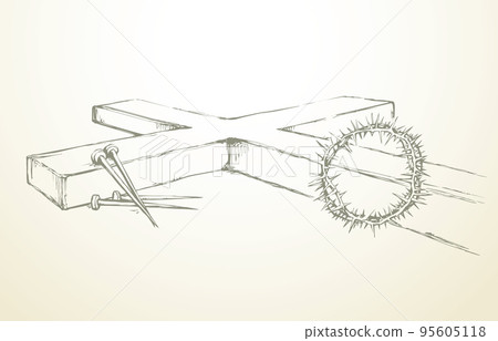 Wooden cross and iron nails. Vector drawing 95605118