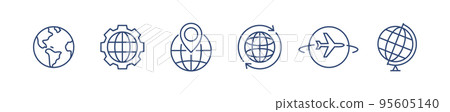 World globe line icon. Vector Earth global country map planet line icon. Travel internet globe set 95605140