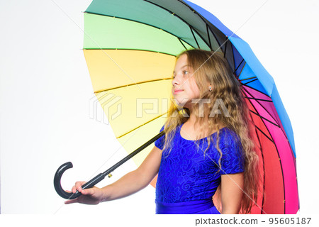 Stay positive fall season. Ways to improve your mood in fall. Ways to brighten your fall mood. Colorful accessory for cheerful mood. Girl child long hair ready meet fall weather with umbrella 95605187