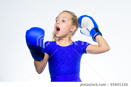 Upbringing for leadership and winner. Strong child boxing. Sport and health concept. Boxing sport for female. Girl child with blue gloves posing on white background. Sport upbringing. Be strong 95605188
