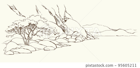 Vector landscape. Tree near a mountains Vector landscape. Tree near a mountains 95605211