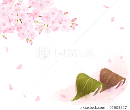 Cherry tree and petals-Japanese style illustration set of Kashiwa mochi-Hand drawn material 95605227