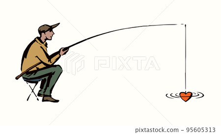 Vector drawing. The fisherman catches the heart Vector drawing. The fisherman catches the heart 95605313
