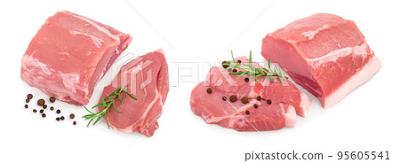 Raw pork meat with rosemary and peppercorn isolated on white background. Top view. Flat lay Raw pork meat with rosemary and peppercorn isolated on white background. Top view. Flat lay 95605541