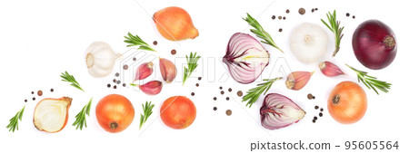 onions, garlic with rosemary and peppercorns isolated on a white background with copy space for your text. Top view onions, garlic with rosemary and peppercorns isolated on a white background with copy space for your text. Top view 95605564