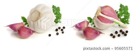 garlic with parsley leaf and peppercorn isolated on white background 95605571