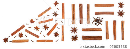star anise, cinnamon sticks and clove isolated on white background with copy space for your text, pattern flat lay star anise, cinnamon sticks and clove isolated on white background with copy space for your text, pattern flat lay 95605588