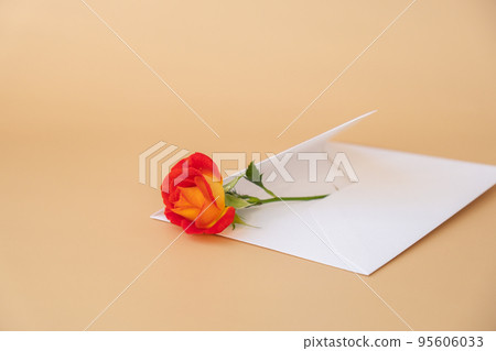 Beautiful red roses flowers in postal envelope on neutral beige background, copy space for text, spring time, greeting card for holiday. Flower delivery. Delicate red yellow roses. Minimal trendy Beautiful red roses flowers in postal envelope on neutral beige background, copy space for text, spring time, greeting card for holiday. Flower delivery. Delicate red yellow roses. Minimal trendy 95606033