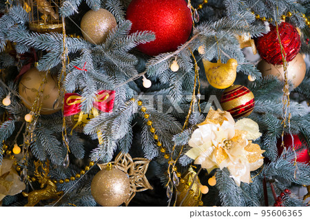 Christmas. Beautiful decorated tree with toys. The morning before Xmas. New year holiday. Happy new year. Christmas composition. Merry Christmas and Happy Holidays. Waiting for wonder 95606365