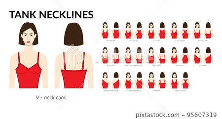 Set of necklines tank clothes - tops, cami, one shoulder, scoop, racerback, V-neck, cowl, strap technical fashion Set of necklines tank clothes - tops, cami, one shoulder, scoop, racerback, V-neck, cowl, strap technical fashion 95607319