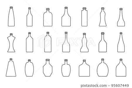 Bottle alcohol simple black line icon set. Defferent shapes of plastic glass linear bottles. Modern containers for liquid. Vodka whiskey soda beer water brandy milk and other drink flask flat symbol 95607449