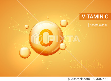 Vitamin C bubble background collagen serum pill drop icon. Skin vector health acid yellow vitamin c 95607458