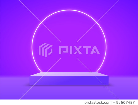 Product podium background 3d display stand neon circle room. Show podium product scene purple Product podium background 3d display stand neon circle room. Show podium product scene purple 95607487