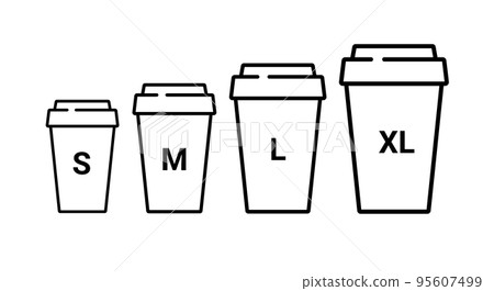 Coffee cup plastic size icon. Large small takeaway coffee cup vector line icon illustration sizes Coffee cup plastic size icon. Large small takeaway coffee cup vector line icon illustration sizes 95607499