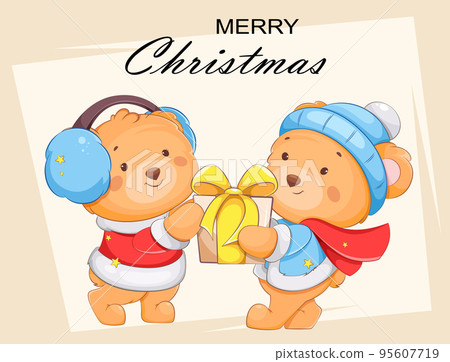 Two cute bears cartoon characters with gift box Two cute bears cartoon characters with gift box 95607719