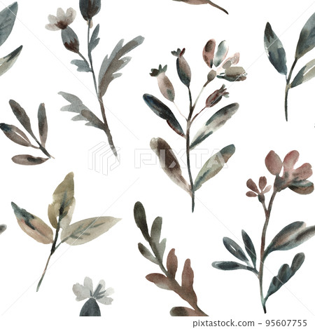 Seamless pattern with dark brown meadow floral branches . Watercolor illustration 95607755