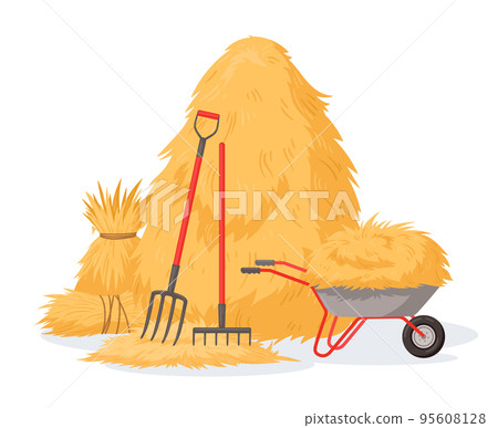 Cartoon haystack and pitchfork, rural stacked fodder straw. Agricultural farm hay heap, dried haycock vector background illustration. Farming haymow 95608128