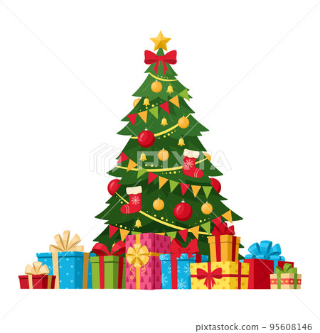 Christmas fir tree with winter holidays wrapped gift boxes pile. Decorated xmas green fir tree and gift boxes vector symbols illustration. Merry Christmas greeting card design 95608146