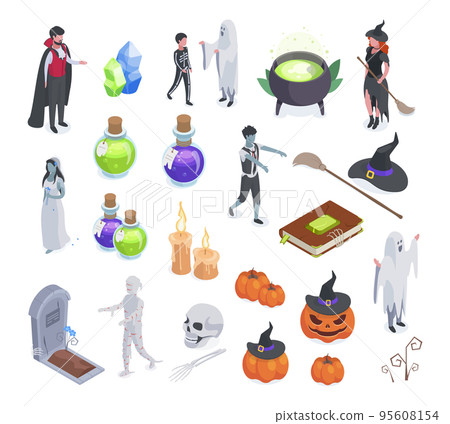 Isometric spooky halloween party mascots, pumpkin, ghost and spider. Vampire and mummy, spooky pumpkins and witch cauldron vector symbols illustration set. Funky carnival costumes Isometric spooky halloween party mascots, pumpkin, ghost and spider. Vampire and mummy, spooky pumpkins and witch cauldron vector symbols illustration set. Funky carnival costumes 95608154