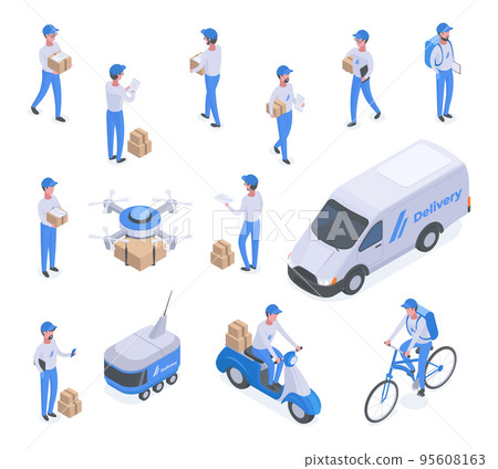 Isometric delivery characters, logistic service, postman or mailman workers. Delivery logistic service, parcels and packages shipping vector symbols illustration set. Online delivery service 95608163