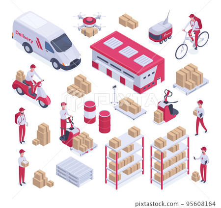 Isometric cargo delivery truck, delivery man and warehouse building. Delivery and shipping service workers, warehouse and logistics transport vector illustration set. Fast delivery collection 95608164