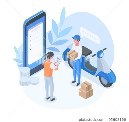 Isometric delivery service, deliveryman shipping parcel, online logistic concept. Courier bring package to customer vector background illustration. Delivery mobile app 95608166