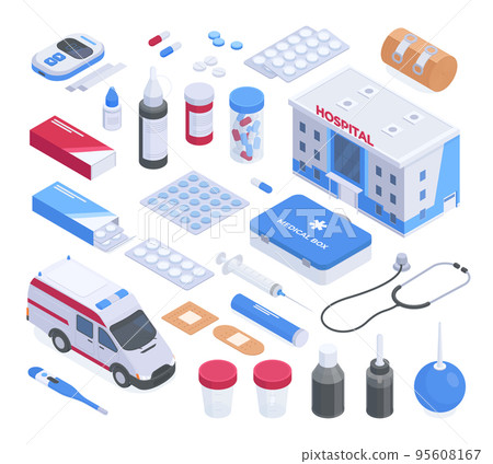 Isometric health care supplies, pharmacy medicines and first aid kit case. Emergency tools, ambulance, health care medical pills and drugs vector illustration set. Pharmacy supplies collection 95608167
