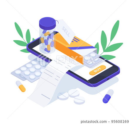 Isometric online pharmacy app, phone screen with pharmacy medicines and pills. Health care pharmacy mobile app vector background illustration. Online pharmacy concept Isometric online pharmacy app, phone screen with pharmacy medicines and pills. Health care pharmacy mobile app vector background illustration. Online pharmacy concept 95608169