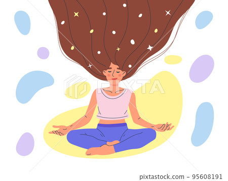 Meditating, relaxing woman in yoga lotus pose, peaceful female character. Meditation practice, relaxed girl in lotus pose vector symbols illustration. Mental health concept 95608191