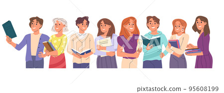 Cartoon book readers characters, people group reading books. Person holding and reading books, studying students vector symbols illustrations set. Reading people collection 95608199