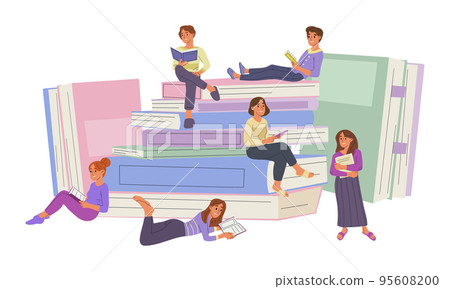 Reading persons and book pile, literature lovers with big book stack. Friends reading books, man and woman book fans vector illustrations. Book lovers concept 95608200