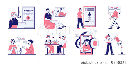 Podcast recording characters, radio broadcast concept scenes. Podcasting radio hosts and audio record listeners characters vector symbols illustrations. Online podcast set 95608211