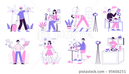 Bloggers and vloggers making photo, video content, food, fitness and travel blogs. Vlogging people, subscription and followers attraction vector illustration set. Video creators characters 95608251