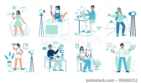 Online media vlogs, makeup, travel, and food bloggers. Internet content, photo and video creators vector symbols illustration set. Bloggers collection Online media vlogs, makeup, travel, and food bloggers. Internet content, photo and video creators vector symbols illustration set. Bloggers collection 95608252