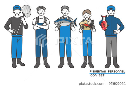 與漁業相關的漁民和男女的矢量圖材料，包括魚、貝類、塔莫網等/海鮮/登陸/第一產業 95609031