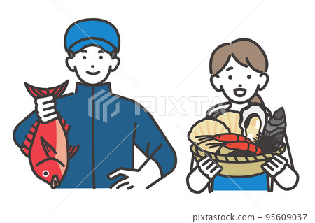 Vector illustration material of fishermen and men and women related to the fishery industry who hold a sea bream or a basket of fish, shellfish, etc. / Seafood / Landing / Daiichi 95609037