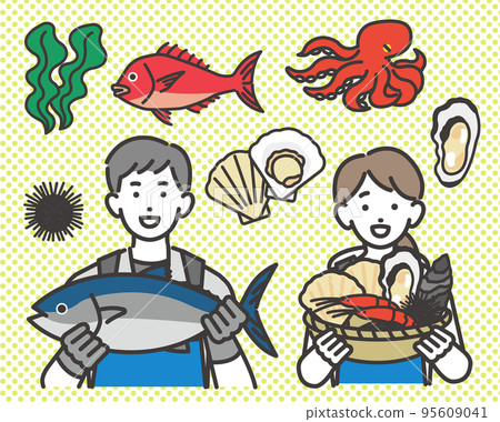 擁有金槍魚、魚類、貝類等的漁民、與漁業有關的男性和女性以及海鮮的矢量插圖素材 95609041