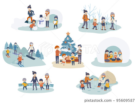 Illustration set of family enjoying winter activities 95609587