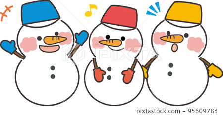三個雪人兄弟微笑和玩樂的插圖 95609783