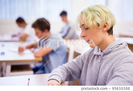 Focused teenage student writing lectures in classroom Focused teenage student writing lectures in classroom 95610108