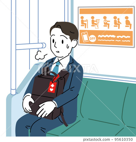 A man sitting in a priority seat with a simple touch help mark 95610350