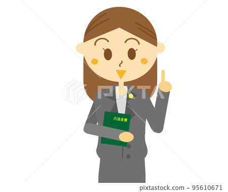 一個戴著律師徽章、微笑、西裝、才華、工作場所、六項法律完整書的指向姿勢的女性的插圖 95610671