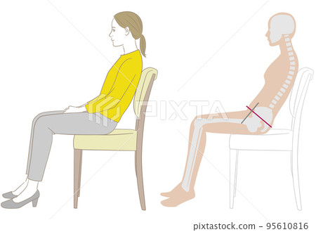A woman and a skeleton figure sitting on a chair with a backrest 95610816