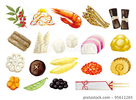 Illustration set of handwritten New Year dishes Illustration set of handwritten New Year dishes 95611265