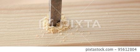 Drill instrument making hole in wooden plank, wood chips on surface Drill instrument making hole in wooden plank, wood chips on surface 95612804