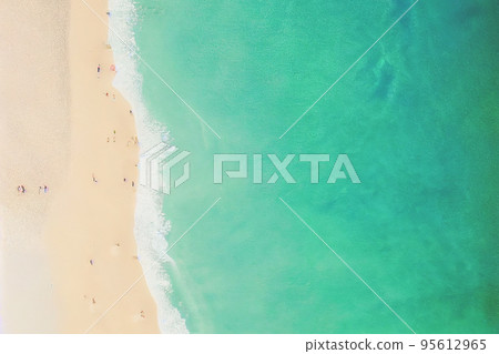 Relaxing aerial beach scene, summer vacation holiday template banner. Perfect aerial drone top view 95612965